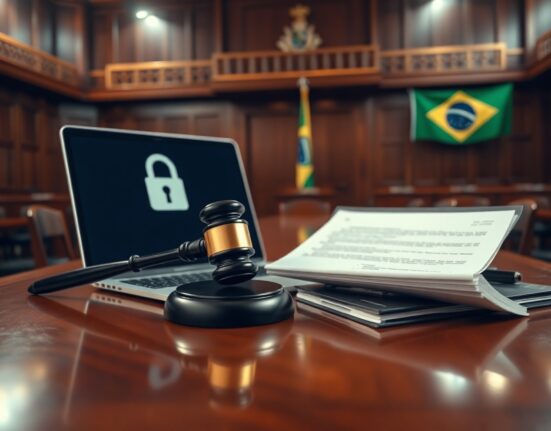 Judge's gavel and laptop with digital wallet padlock in a Brazilian legislative chamber