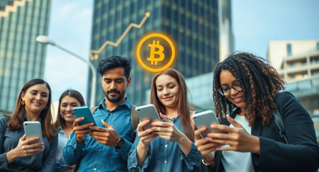 Brazilian investors using smartphones in São Paulo financial district, illustrating crypto adoption