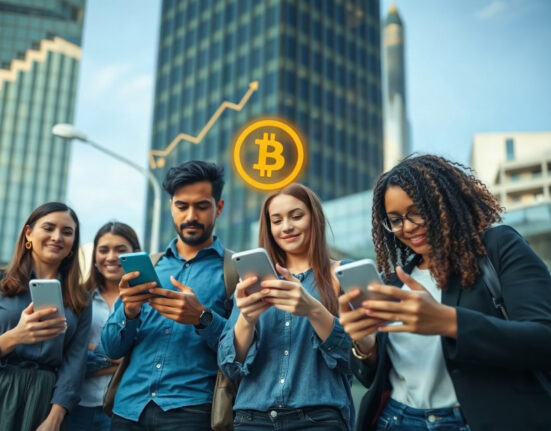 Brazilian investors using smartphones in São Paulo financial district, illustrating crypto adoption