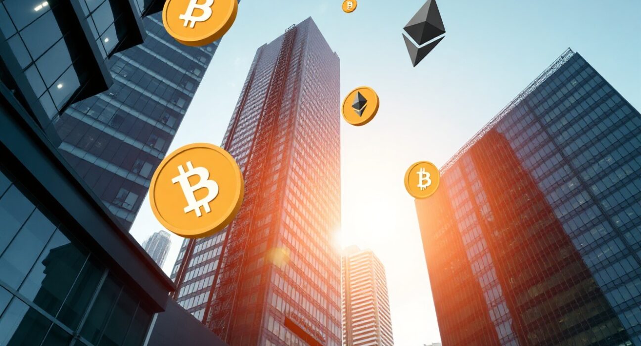 São Paulo financial district skyline with subtle digital cryptocurrency symbols overlay