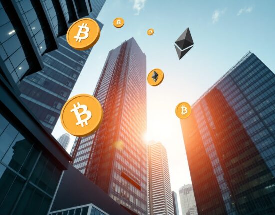 São Paulo financial district skyline with subtle digital cryptocurrency symbols overlay
