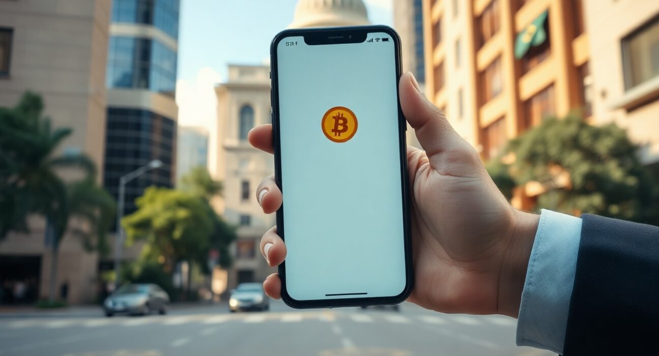 Smartphone displaying a cryptocurrency trading app in front of a São Paulo financial district, symbolizing Brazil's new crypto transfer regulations.