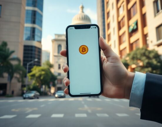 Smartphone displaying a cryptocurrency trading app in front of a São Paulo financial district, symbolizing Brazil's new crypto transfer regulations.