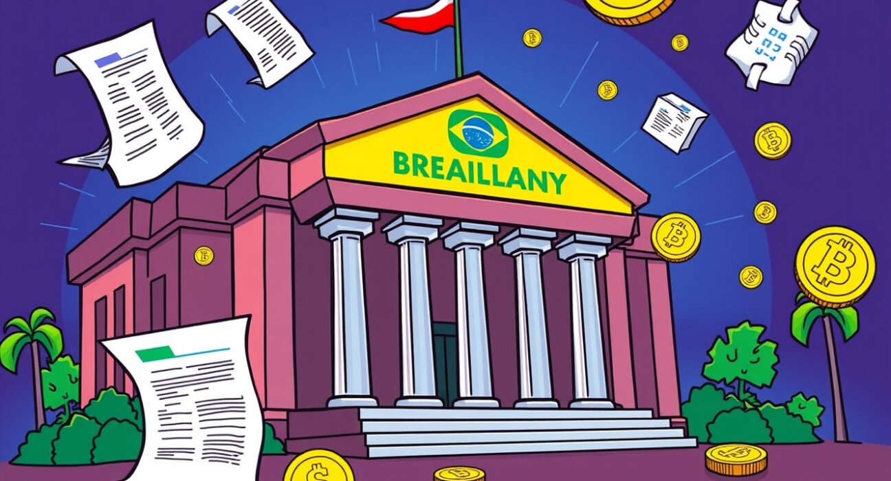 Brazil central bank regulating cryptocurrency trading with digital coins and documents