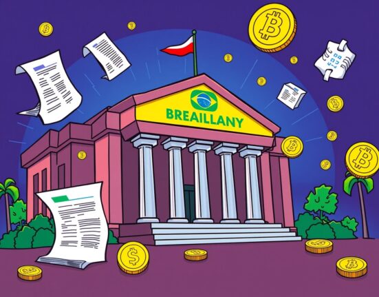 Brazil central bank regulating cryptocurrency trading with digital coins and documents