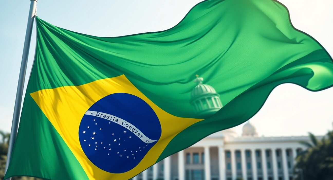 Brazil economic growth forecast analysis with Brazilian flag and Congress building representing policy decisions