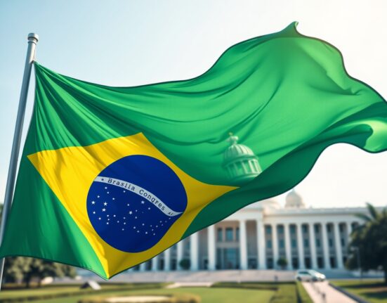 Brazil economic growth forecast analysis with Brazilian flag and Congress building representing policy decisions