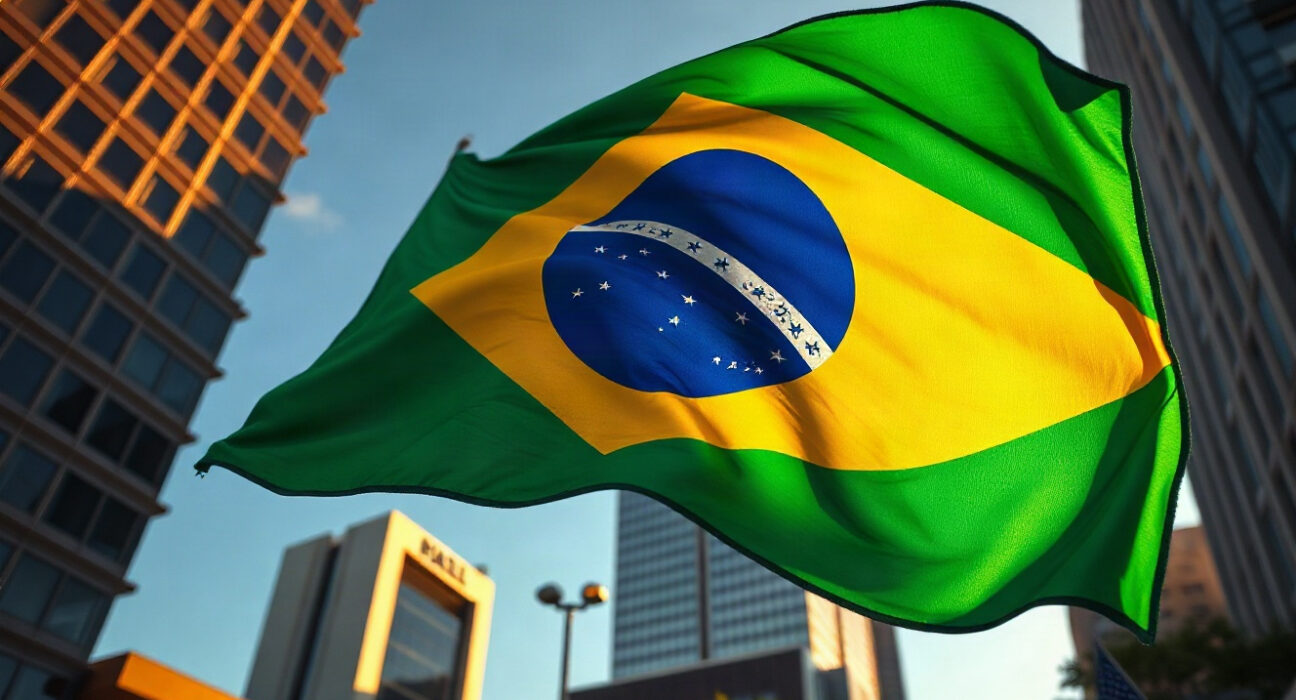 Brazilian flag in front of São Paulo financial district, symbolizing the country's inflation data release