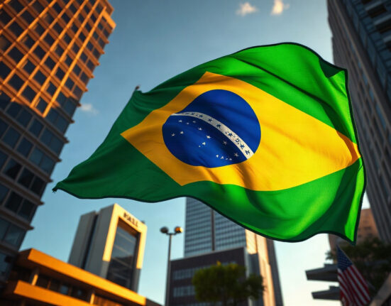 Brazilian flag in front of São Paulo financial district, symbolizing the country's inflation data release