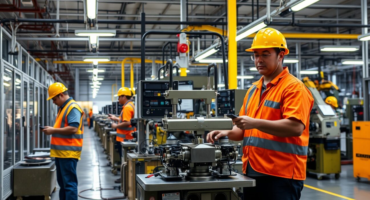 Workers on the floor of a Brazilian manufacturing plant, with machinery in operation