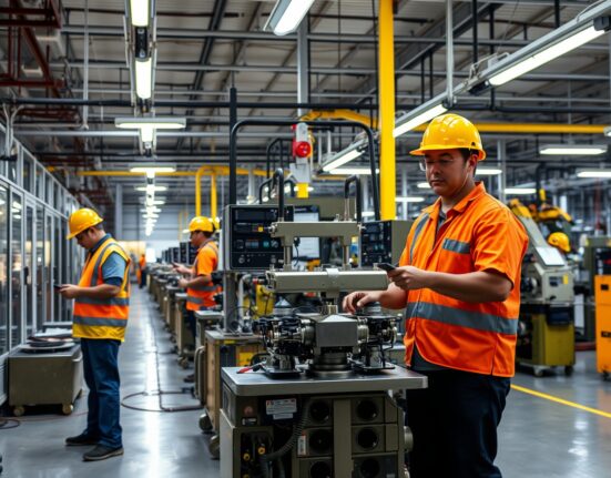 Workers on the floor of a Brazilian manufacturing plant, with machinery in operation