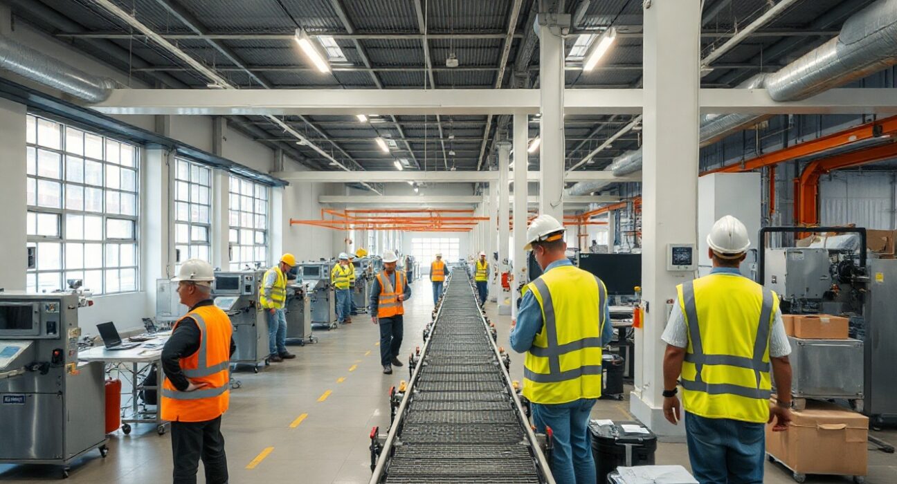 Factory workers on a production line in Brazil, representing industrial output data for June.