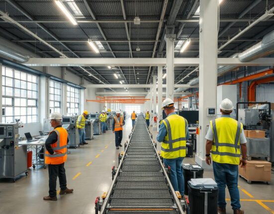 Factory workers on a production line in Brazil, representing industrial output data for June.