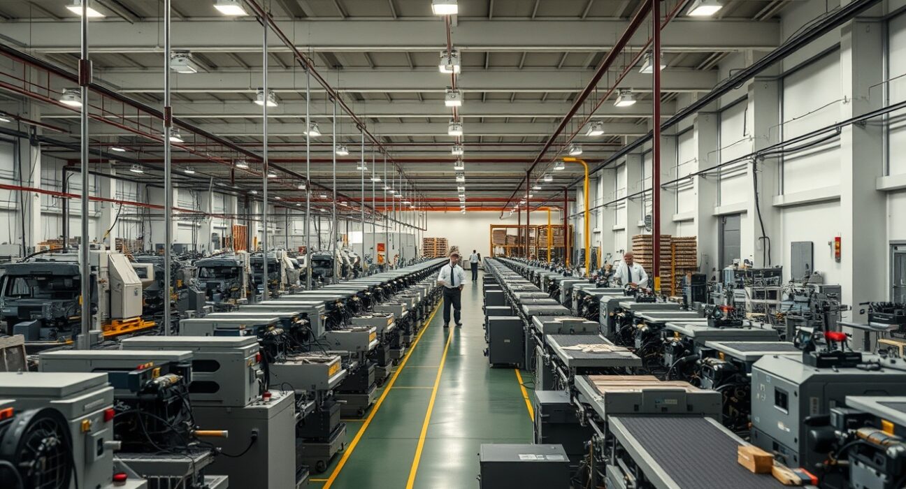 Interior of a large industrial factory in Brazil with production lines and machinery, representing manufacturing output.