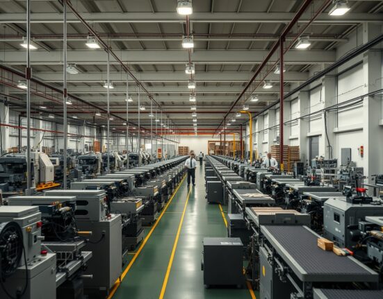 Interior of a large industrial factory in Brazil with production lines and machinery, representing manufacturing output.
