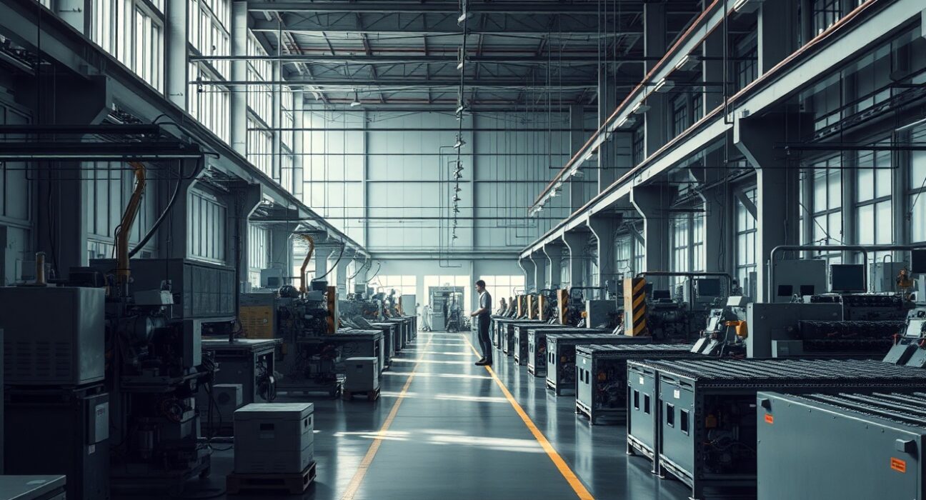 Interior of a Brazilian industrial factory with slow-moving production lines and workers