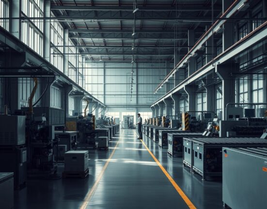 Interior of a Brazilian industrial factory with slow-moving production lines and workers