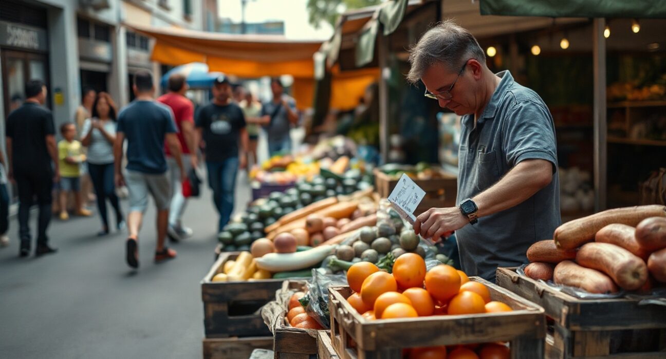 Open-air market in São Paulo with fresh produce and price tags, representing consumer inflation in Brazil.