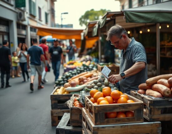 Open-air market in São Paulo with fresh produce and price tags, representing consumer inflation in Brazil.