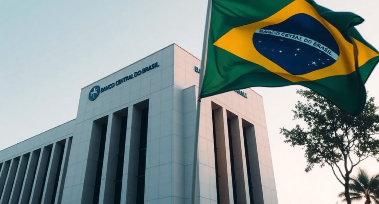 Banco Central do Brasil headquarters in Brasília, with the Brazilian flag in the foreground.