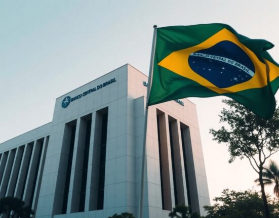 Banco Central do Brasil headquarters in Brasília, with the Brazilian flag in the foreground.