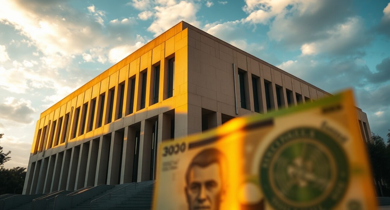 Brazilian Central Bank building in Brasília under partly cloudy sky at golden hour