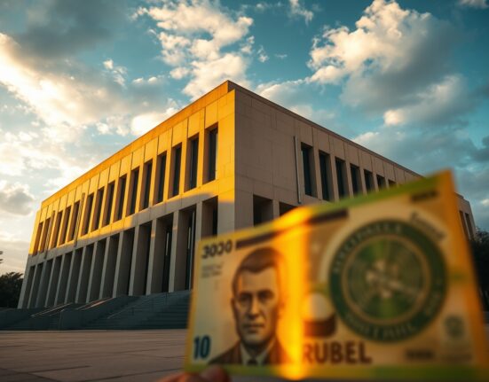 Brazilian Central Bank building in Brasília under partly cloudy sky at golden hour