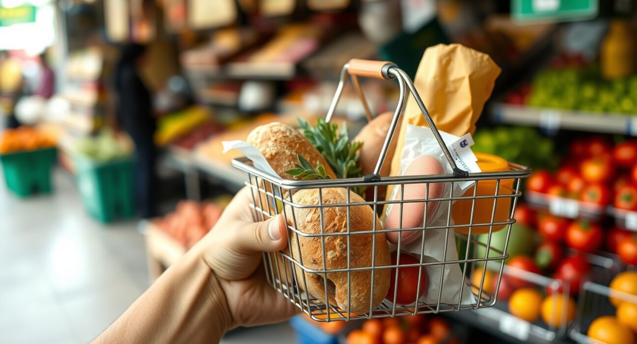 Hand holding a basket of groceries at a Brazilian market, symbolizing consumer inflation.