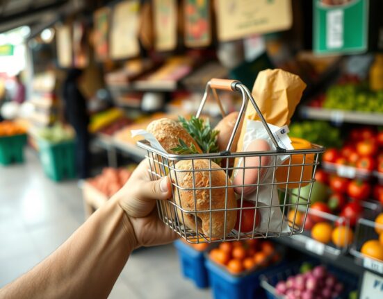 Hand holding a basket of groceries at a Brazilian market, symbolizing consumer inflation.
