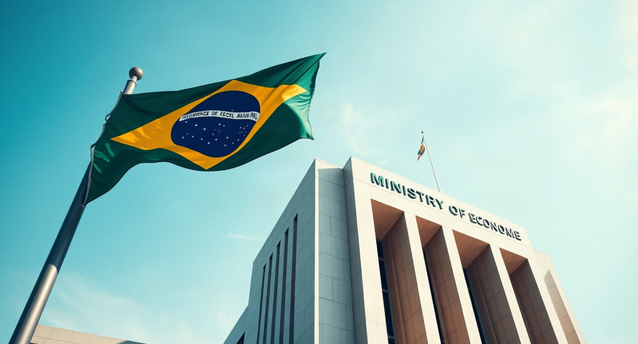 Brazilian Ministry of Economy building in Brasília, with national flag, under clear sky.