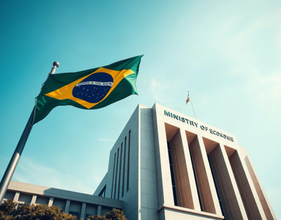 Brazilian Ministry of Economy building in Brasília, with national flag, under clear sky.