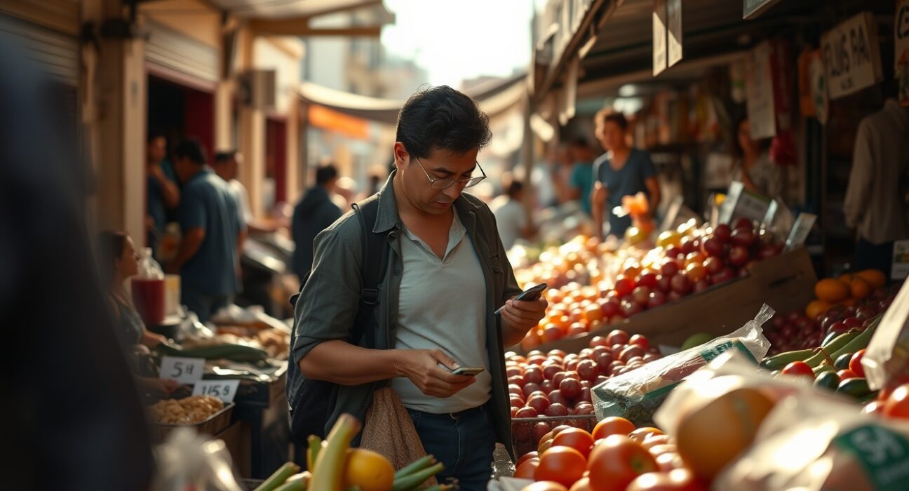 Shoppers at an outdoor market in Brazil, with fresh produce and price tags visible, representing consumer price inflation.