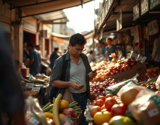 Shoppers at an outdoor market in Brazil, with fresh produce and price tags visible, representing consumer price inflation.