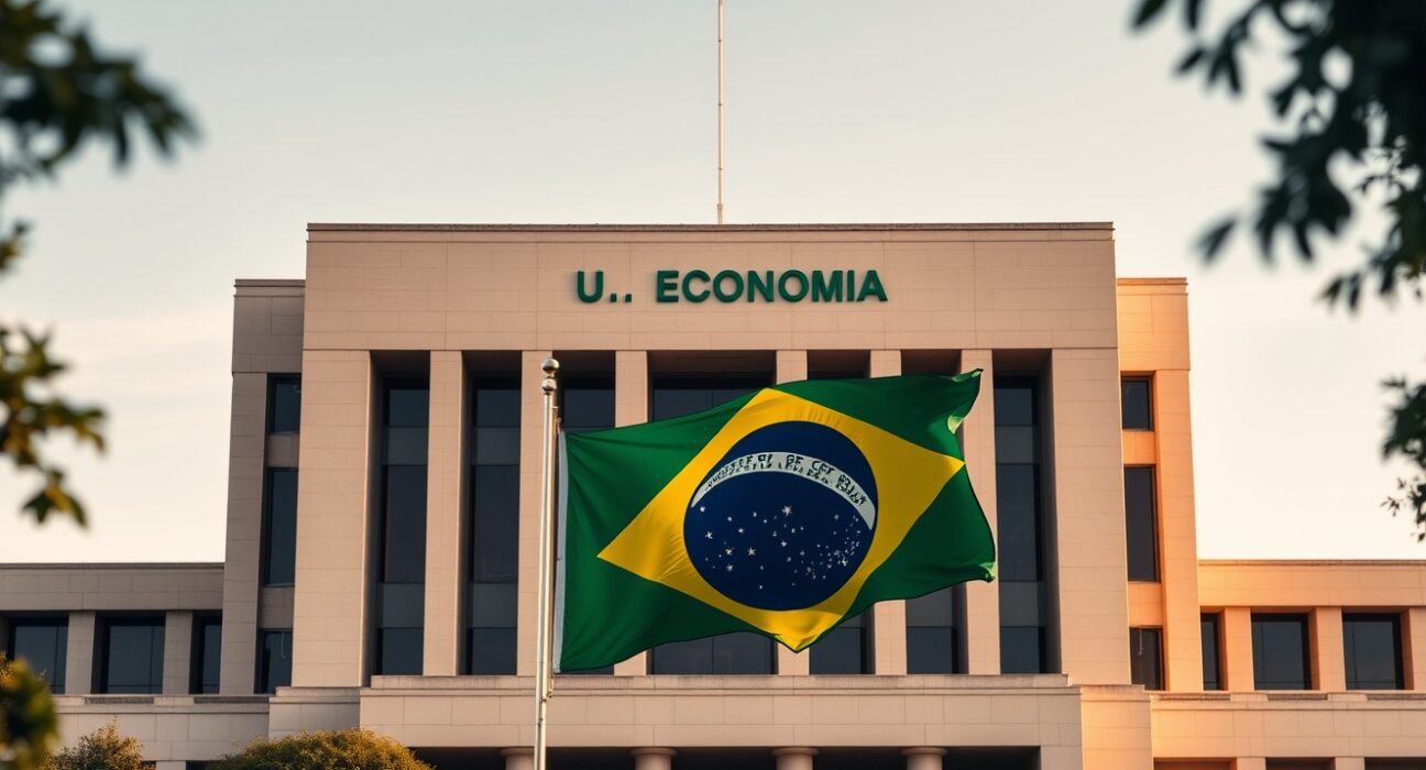 Brazilian Ministry of Economy building in Brasília with Brazil flag, representing fiscal deficit news