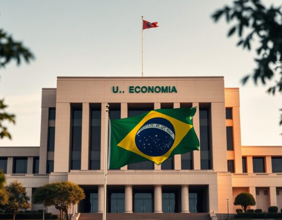 Brazilian Ministry of Economy building in Brasília with Brazil flag, representing fiscal deficit news