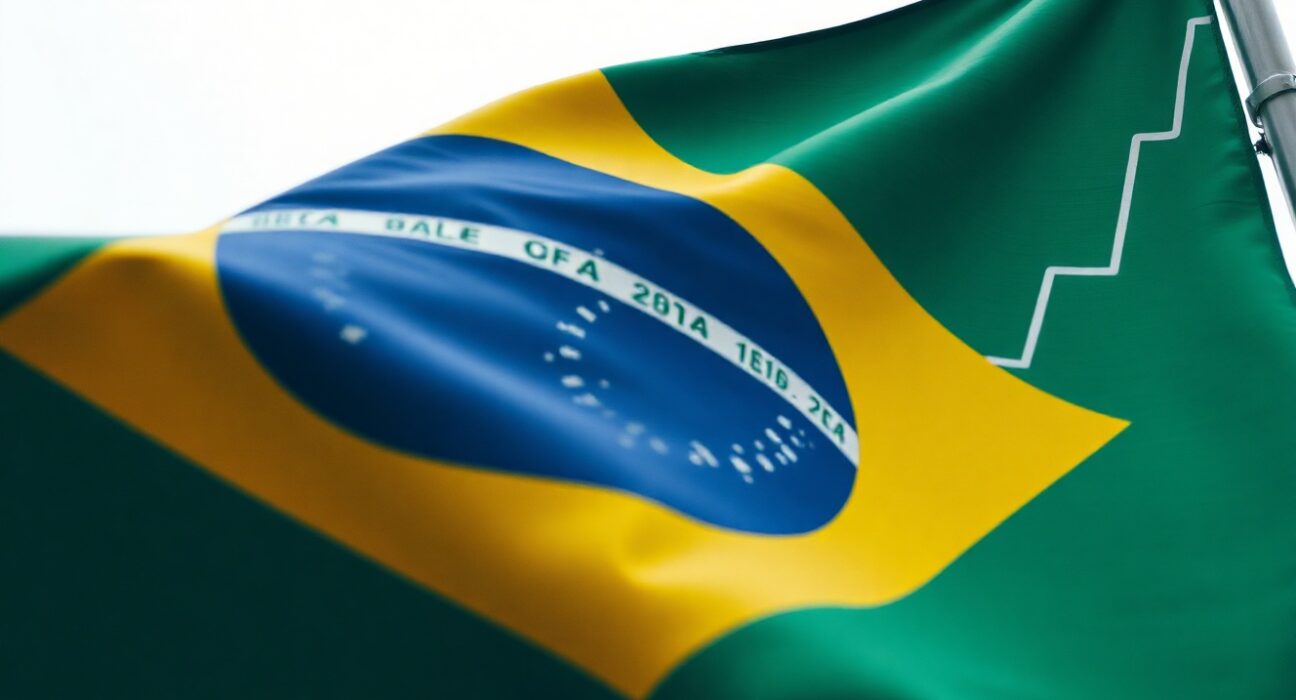 Brazilian flag with economic chart in background symbolizing fiscal risk