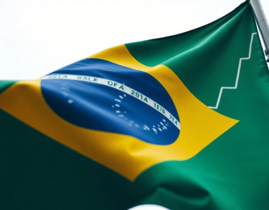 Brazilian flag with economic chart in background symbolizing fiscal risk