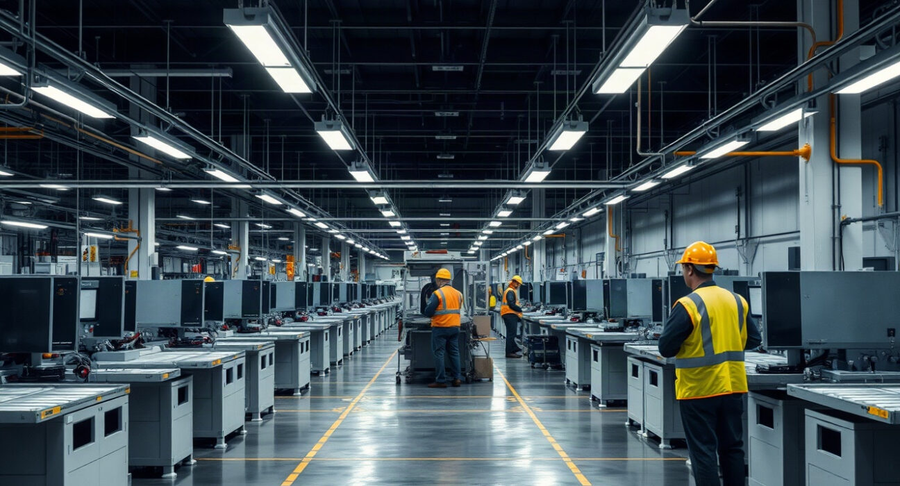 Factory floor in Brazil with workers and machinery, reflecting manufacturing slowdown