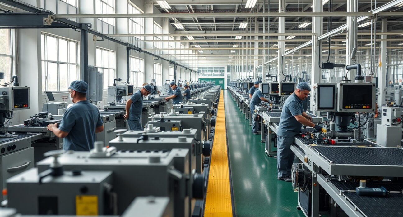 Factory workers on an assembly line in a modern industrial plant in São Paulo, Brazil.