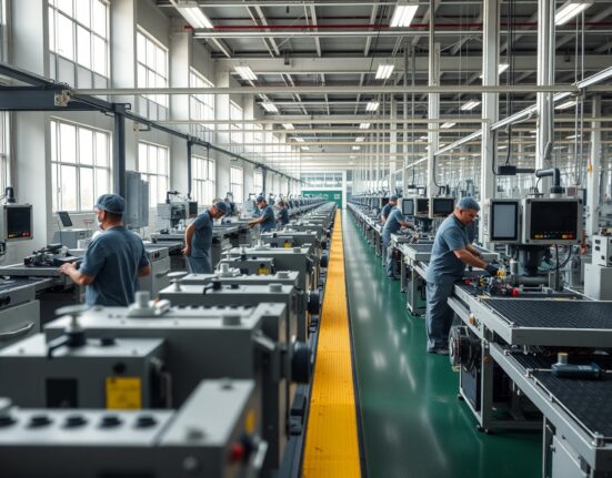 Factory workers on an assembly line in a modern industrial plant in São Paulo, Brazil.