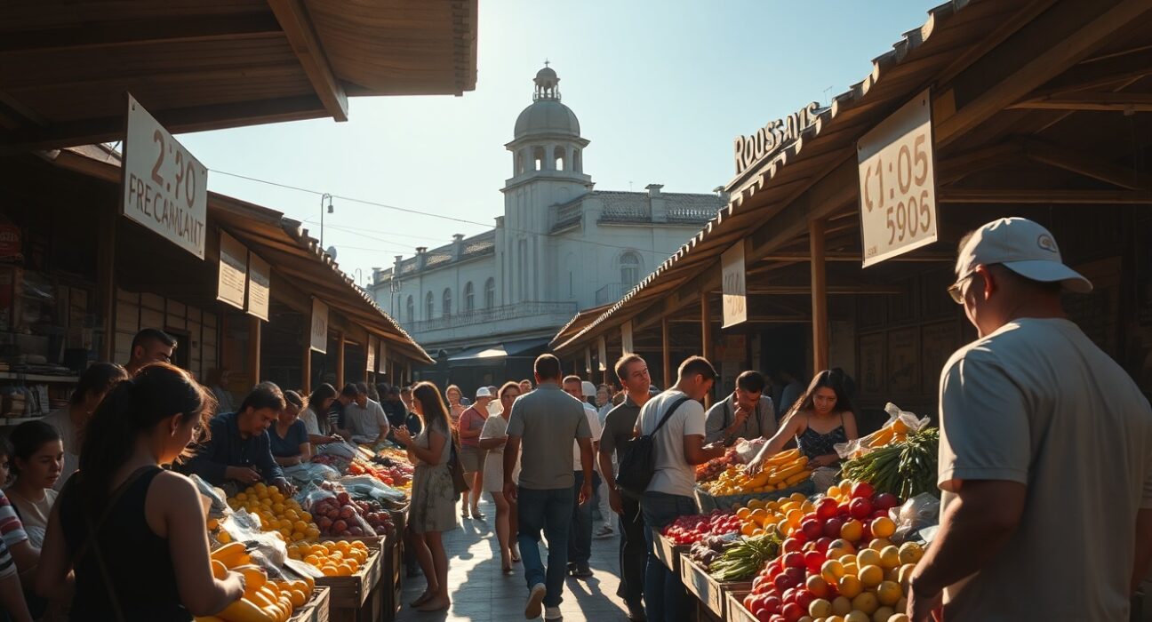 Shoppers at a fresh produce market in São Paulo, Brazil, with visible price tags, reflecting stable consumer inflation.