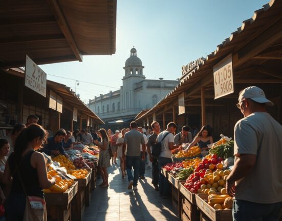 Shoppers at a fresh produce market in São Paulo, Brazil, with visible price tags, reflecting stable consumer inflation.