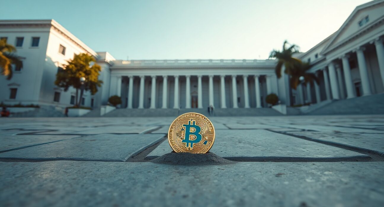 Brazilian government building with a Bitcoin symbol on the ground, representing crypto political donation ban