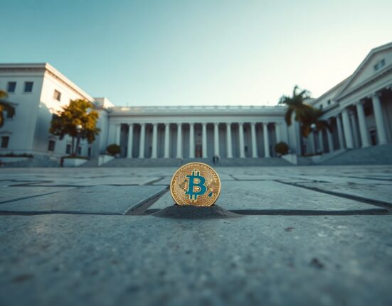 Brazilian government building with a Bitcoin symbol on the ground, representing crypto political donation ban