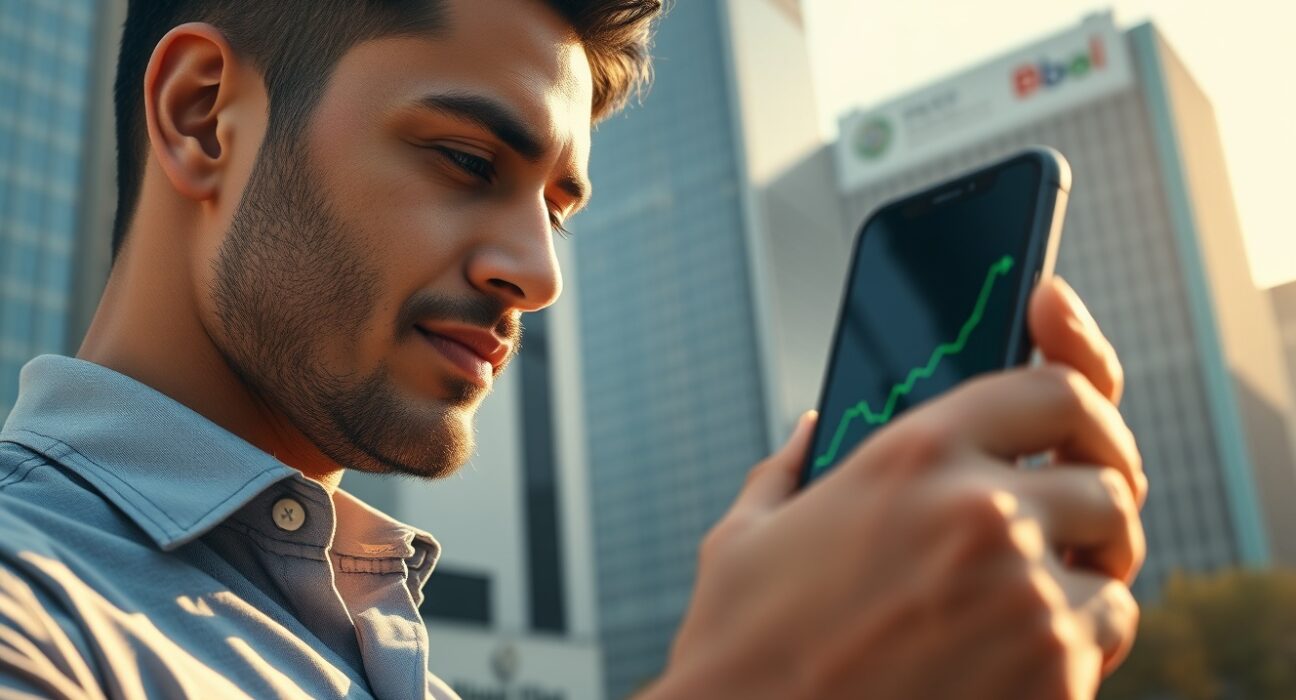 Brazilian professional viewing a smartphone with a crypto price chart in São Paulo, symbolizing record crypto demand.
