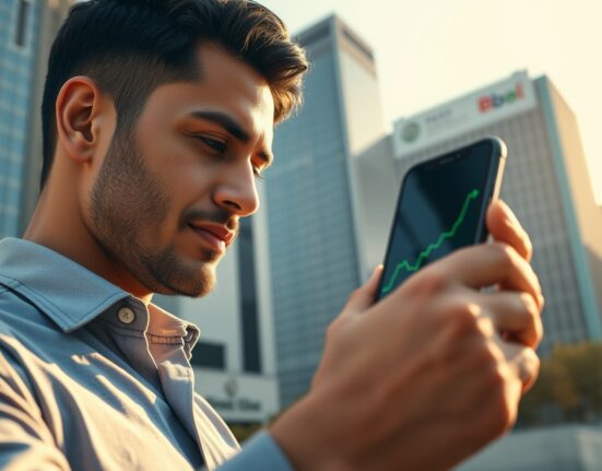 Brazilian professional viewing a smartphone with a crypto price chart in São Paulo, symbolizing record crypto demand.