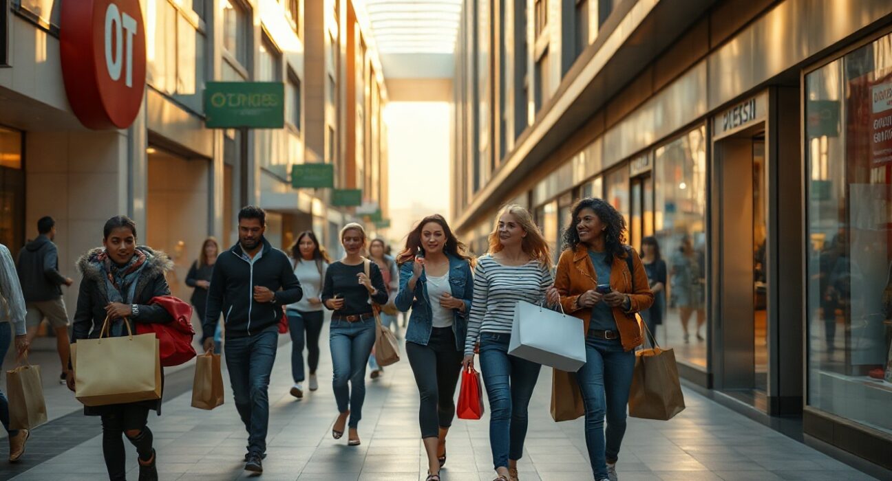 Shoppers walking on a busy retail street in São Paulo, Brazil, reflecting strong consumer activity.