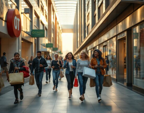 Shoppers walking on a busy retail street in São Paulo, Brazil, reflecting strong consumer activity.
