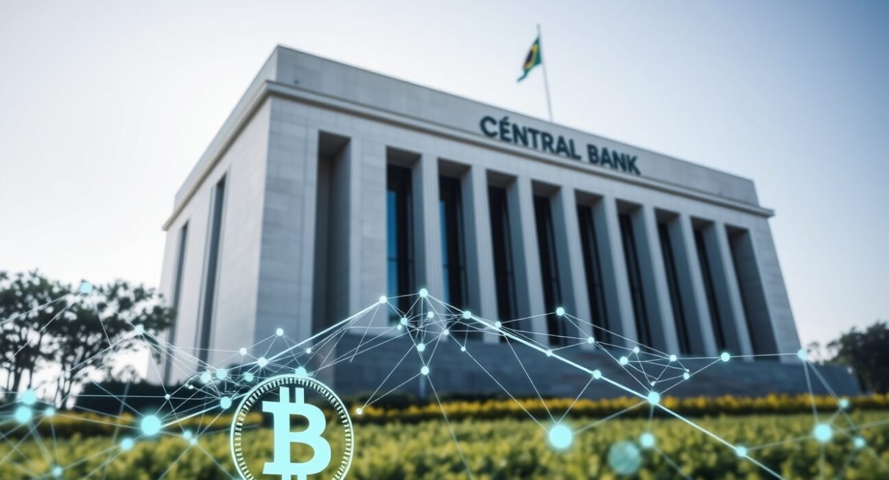 Brazilian Central Bank building with subtle digital crypto network overlay representing new regulations