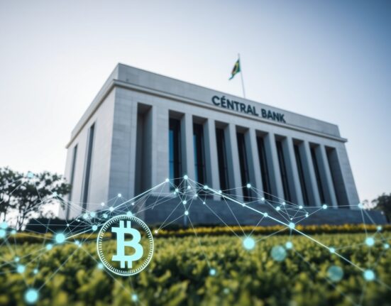 Brazilian Central Bank building with subtle digital crypto network overlay representing new regulations